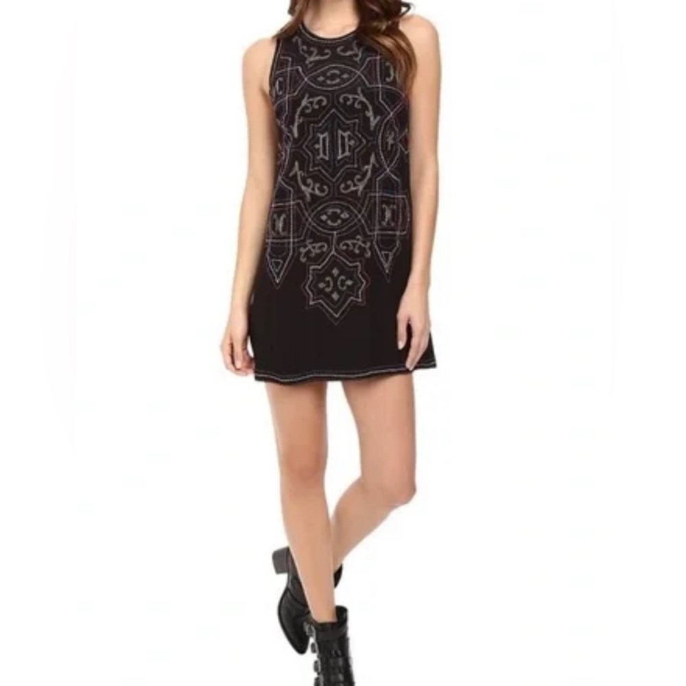 Free People Mandala Georgette Beaded Black Embroidered Shift Mini Dress.